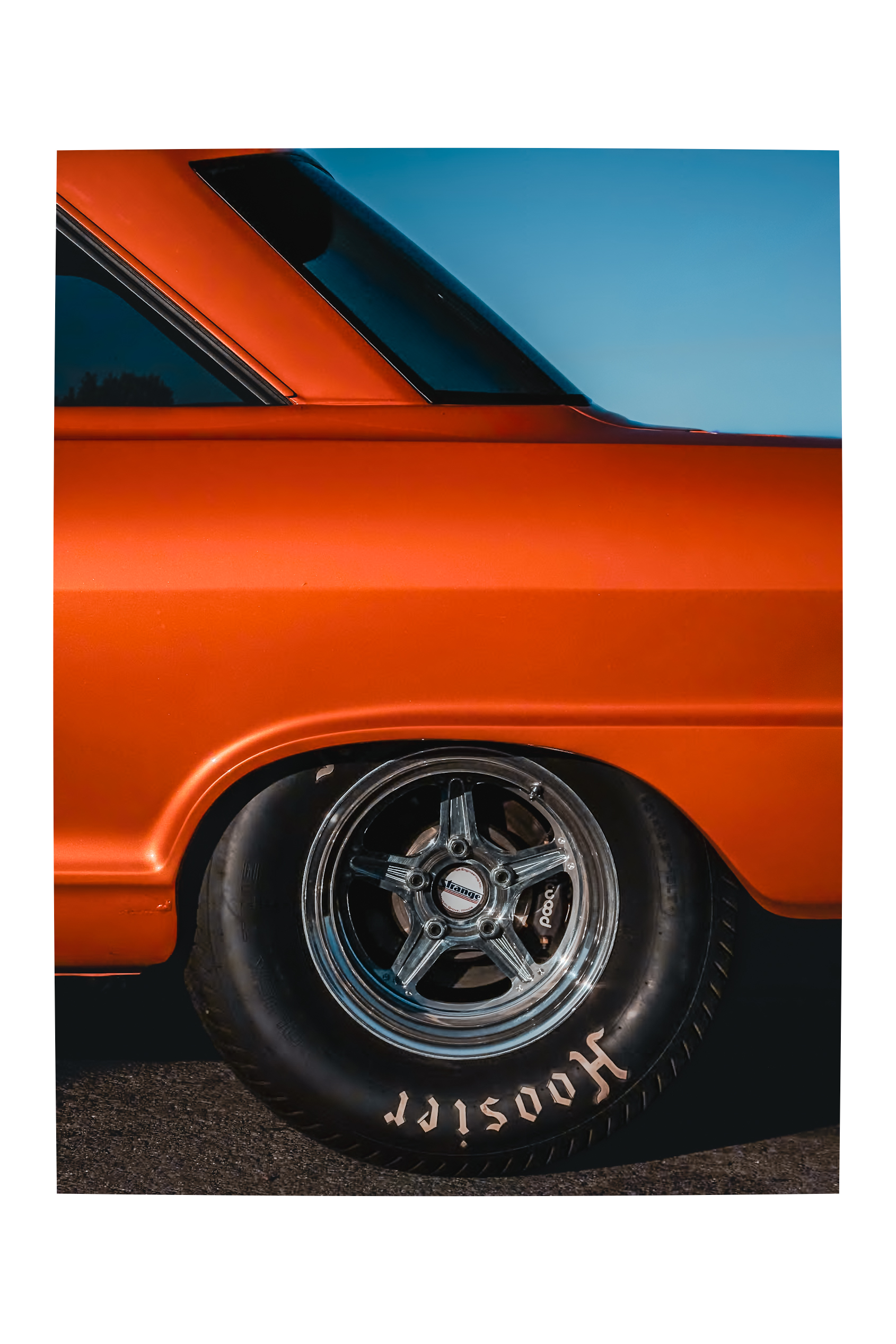 Orange classic American muscle car with Hoosier tire &mdash; automotive commercial photography