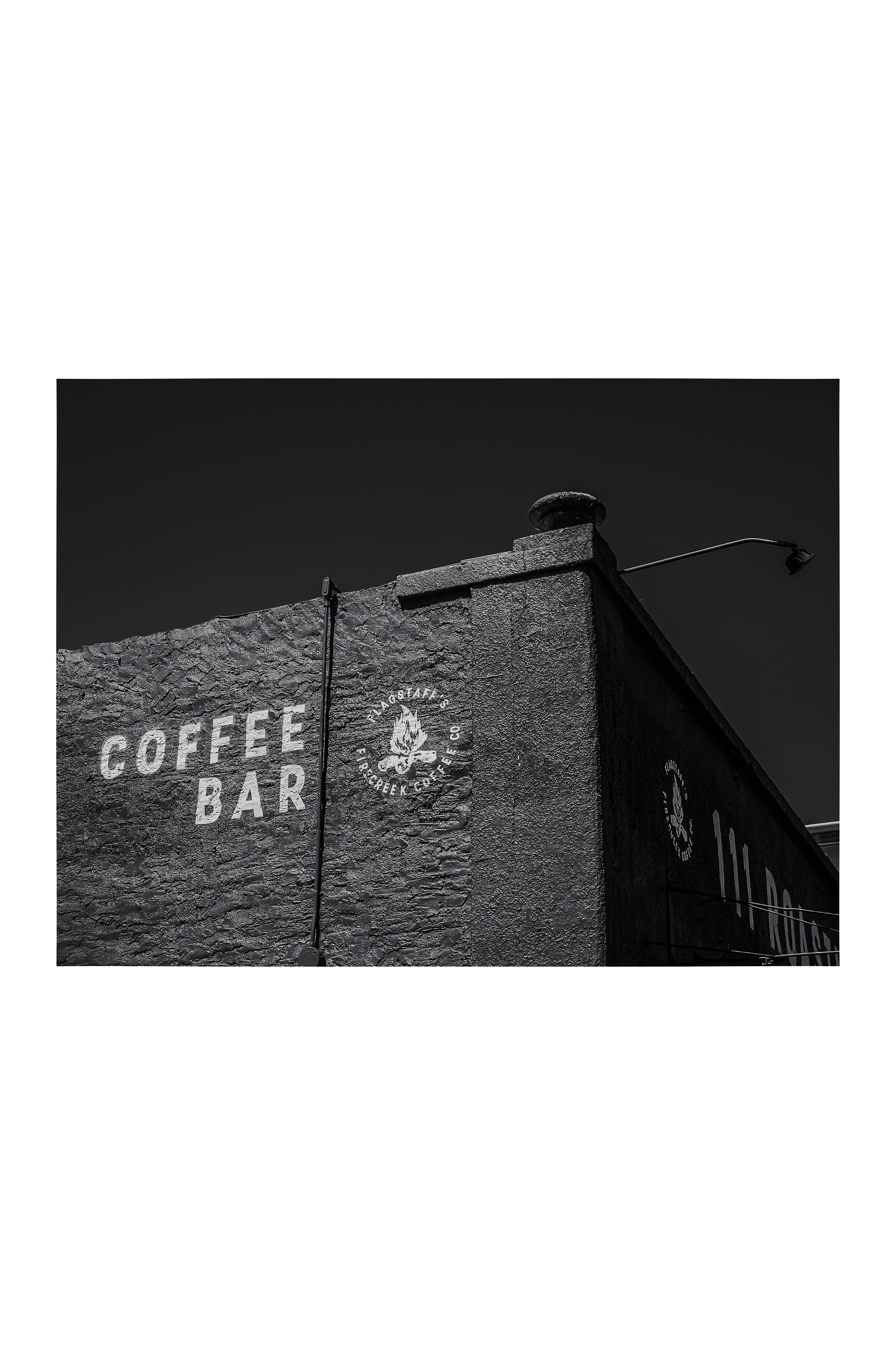 Firecreek Coffee Co exterior, architectural black and white, downtown Flagstaff