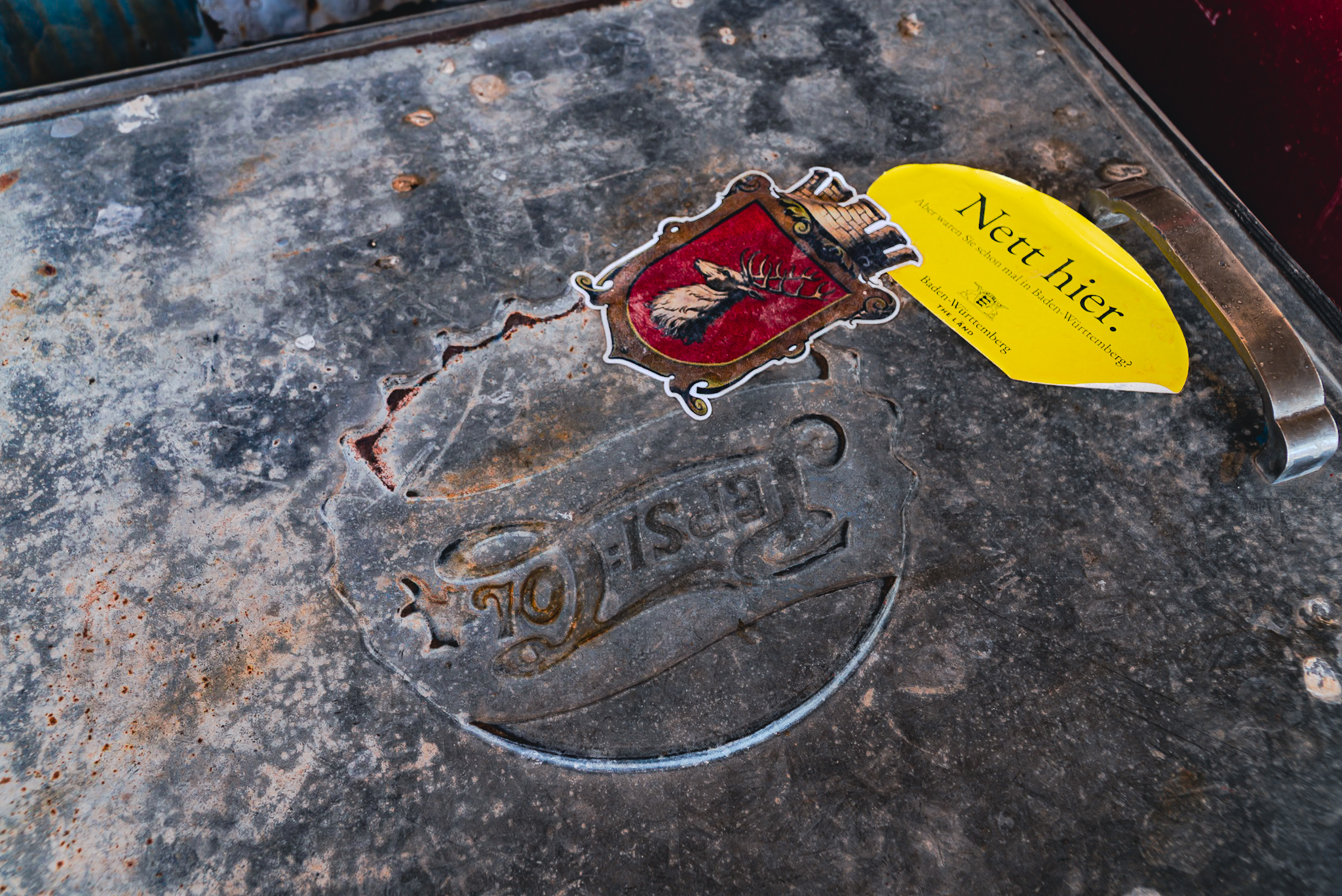 Baden-W&uuml;rttemberg sticker on a rusty Pepsi cooler at Hackberry General Store, Route 66, Arizona