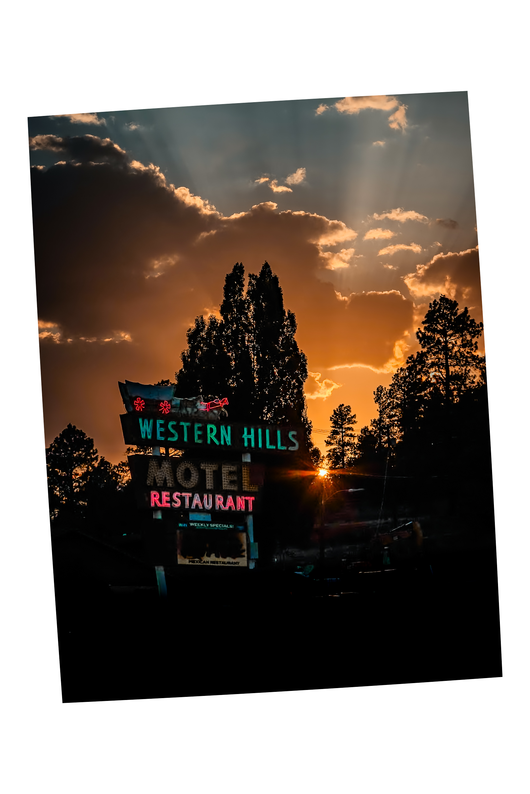Western Hills Motel neon sign at sunset, Route 66, Flagstaff Arizona